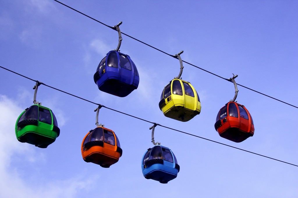 Colorful aerial trams in the sky