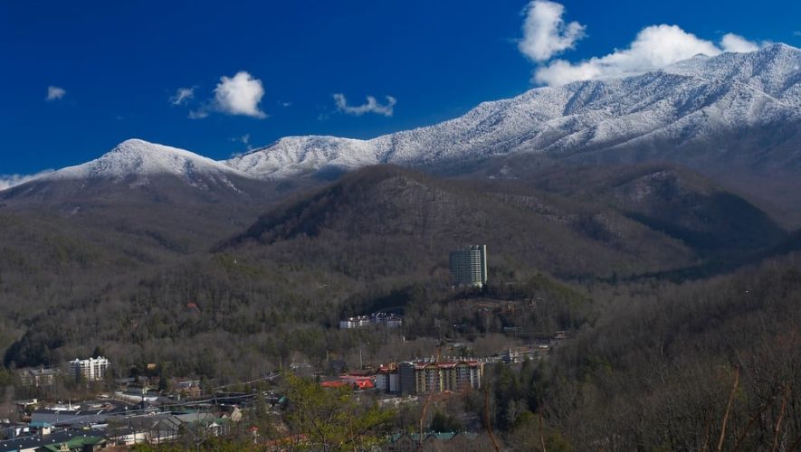 Snow on the mountaintops with a view of Gatlinburg