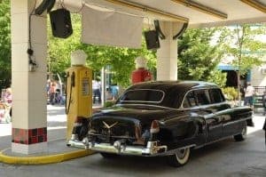 Classic car at a model gas station at Dollywood in Pigeon Forge