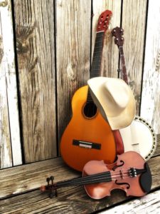 Musical instruments and cowboy hat for a bluegrass band