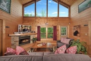 The gorgeous living room in a 2 bedroom Gatlinburg cabin.