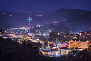Photograph of the glittering lights of dowtown Gatlinburg, Tennessee.