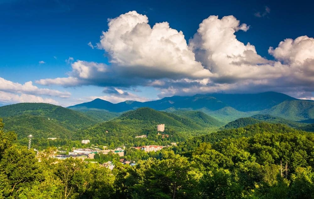 Beautiful photo of the mountains and the downtown area taken from one of the vacation rentals near Gatlinburg TN.