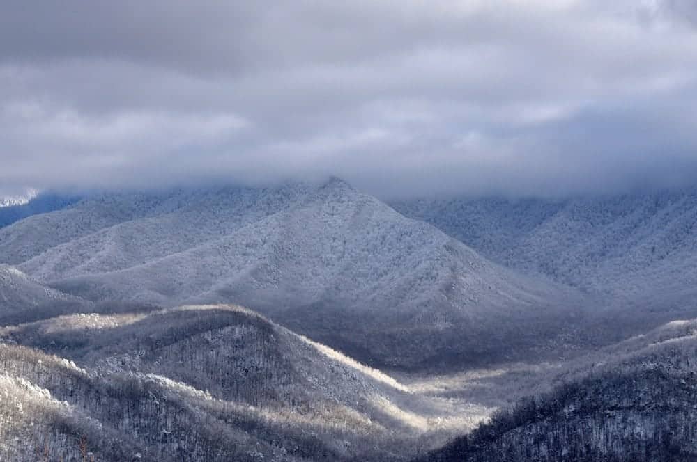 Photo of the snow covered mountains taken from a Pigeon Forge Tennessee cabin.
