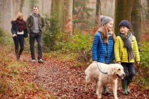 A family walking with their dog in the woods.