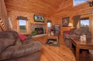 The cozy living room in the Deer Run cabin in Gatlinburg.