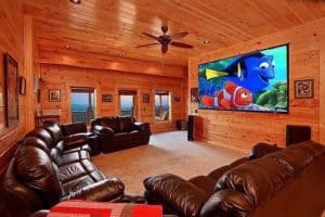 The awesome theater room in the Smokin' View Lodge cabin rental.