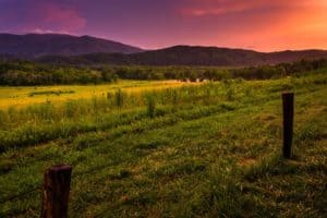 A majestic sunset in Cades Cove in the Smoky Mountains.