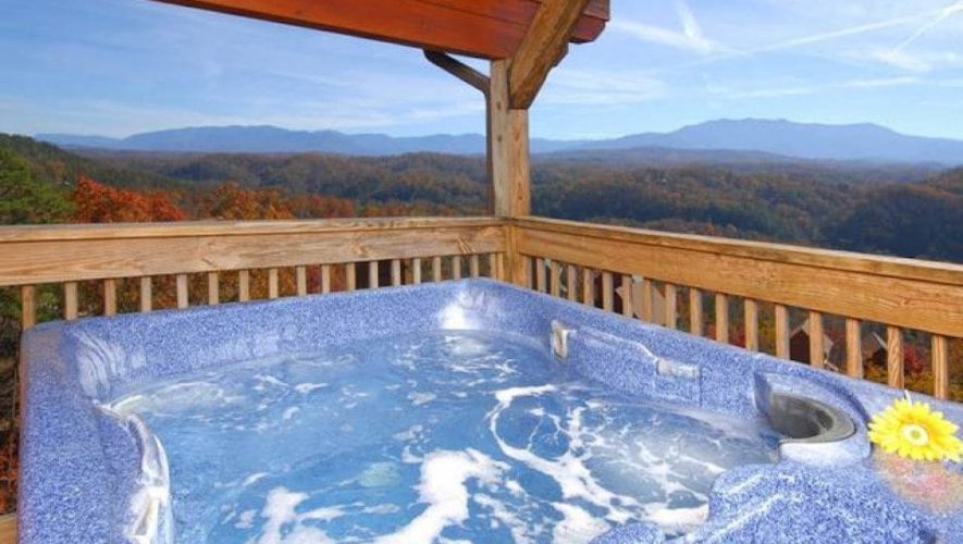 hot tub with smoky mountain view
