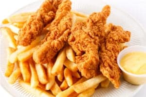 chicken tenders and french fries with honey mustard